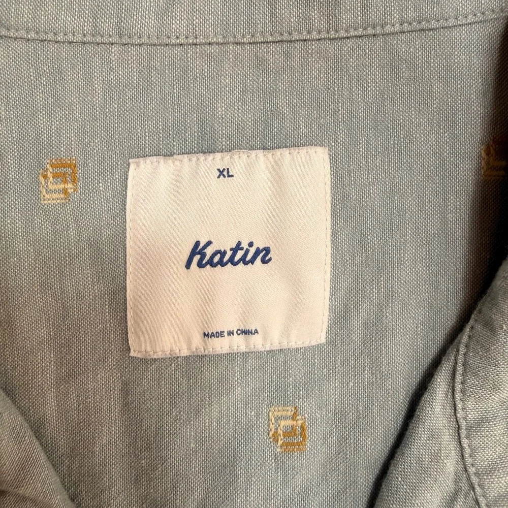 Katin Mens Leo Button Up Short Sleeve Shirt Light Blue Cotton Linen Embroider XL